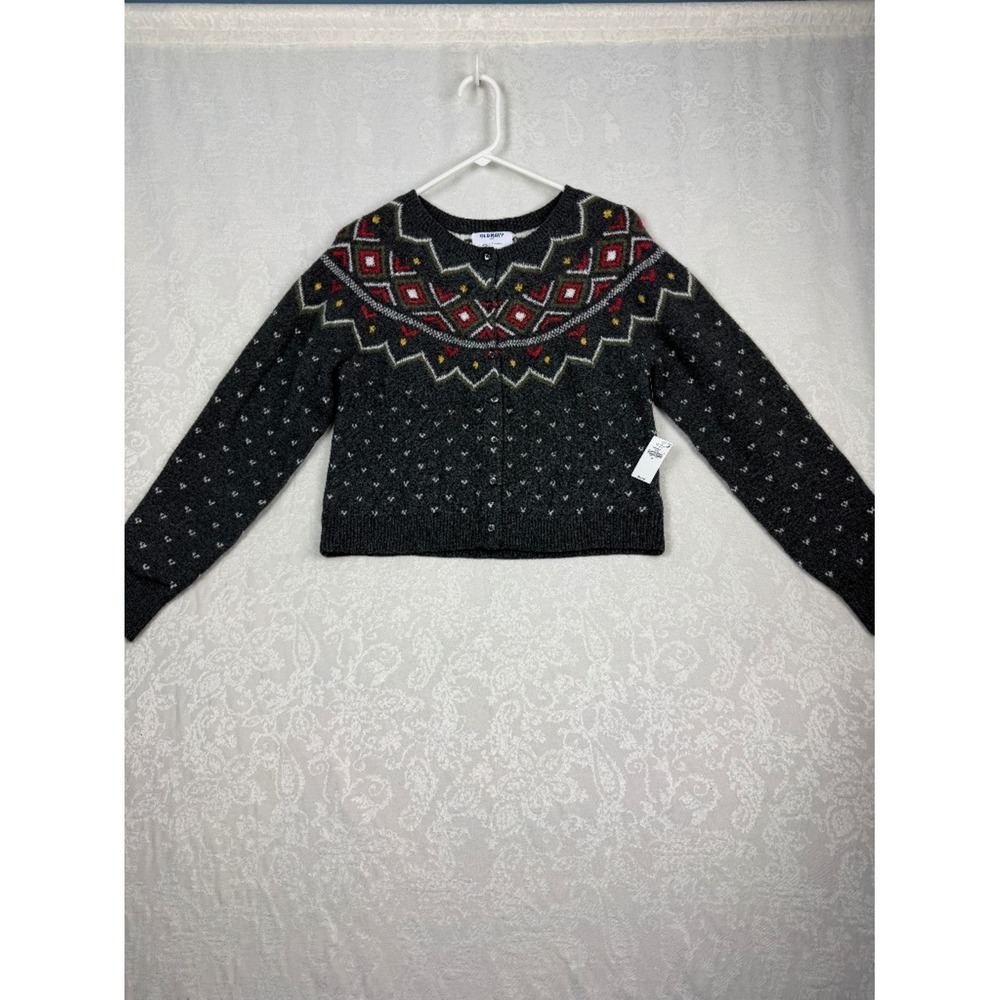 Old Navy Girls M Black Fair Isle Cardigan Sweater Cropped Button Front SoSoft